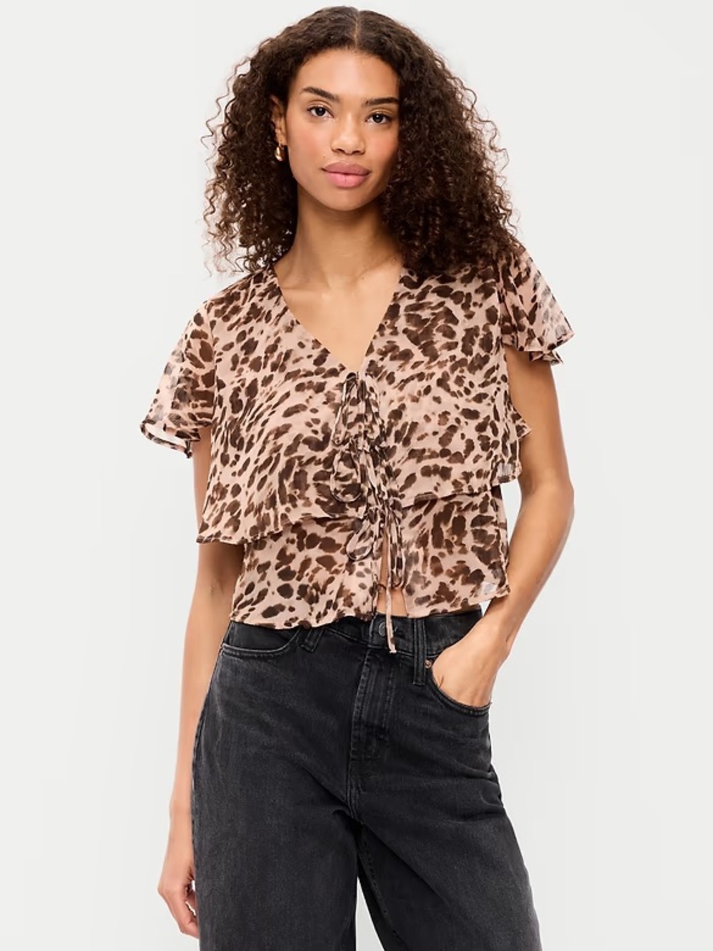Old Navy Brown Leopard Ruffle Tie-Front Blouse